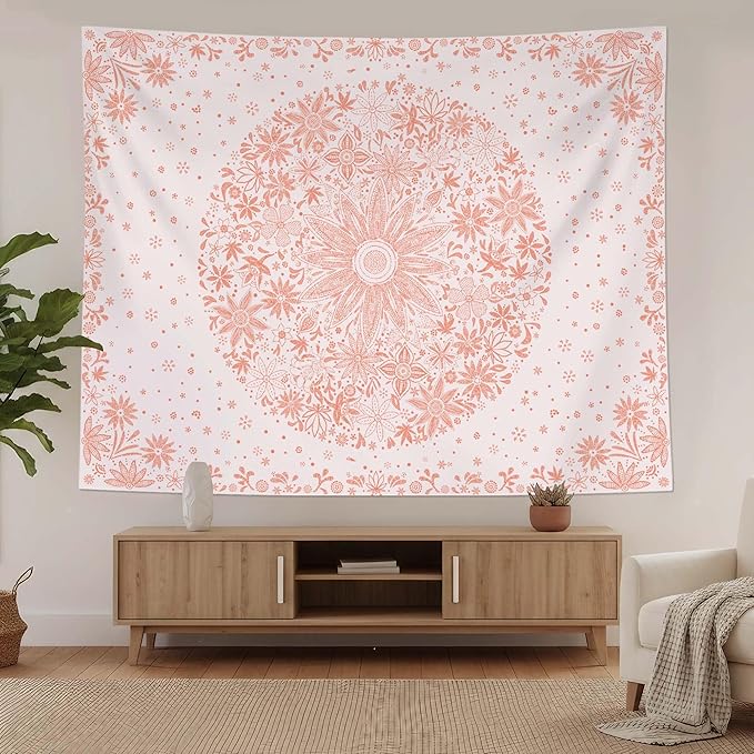 Neasow Bohemian Tapestry Wall Hanging, Pink Floral Tapestry with Dotted Daisy Medallion Print Bedroom Boho Hippie Home Decor, 60x80 inches
