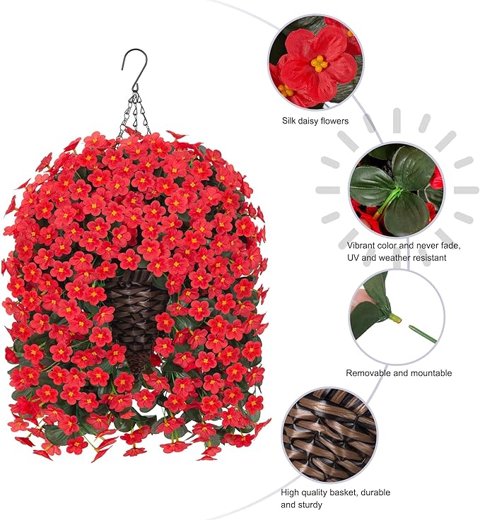 HyeFlora Artificial Fake Red Hanging Flowers Plants Basket for Outdoor Outside Winter Christmas Decor, Faux Silk Daisy Flower Look Real UV Resistant Orchid Vine Plant for Porch Garden Yard Patio Home
