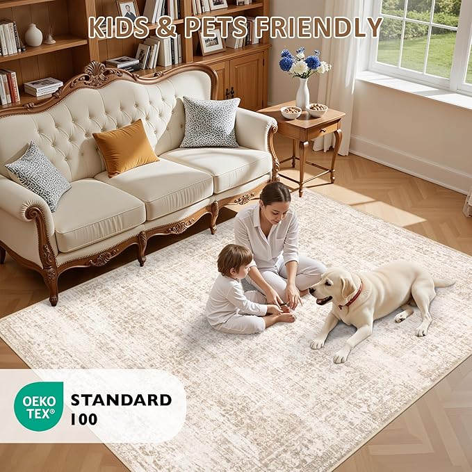 6x9 Area Rugs Living Room Rug: Washable Vintage Boho Rug No Slip Stain Resistant Soft Carpet Indoor Floor Floral Large Carpets for Bedroom Dining Room Farmhouse Nursery Home Office Beige