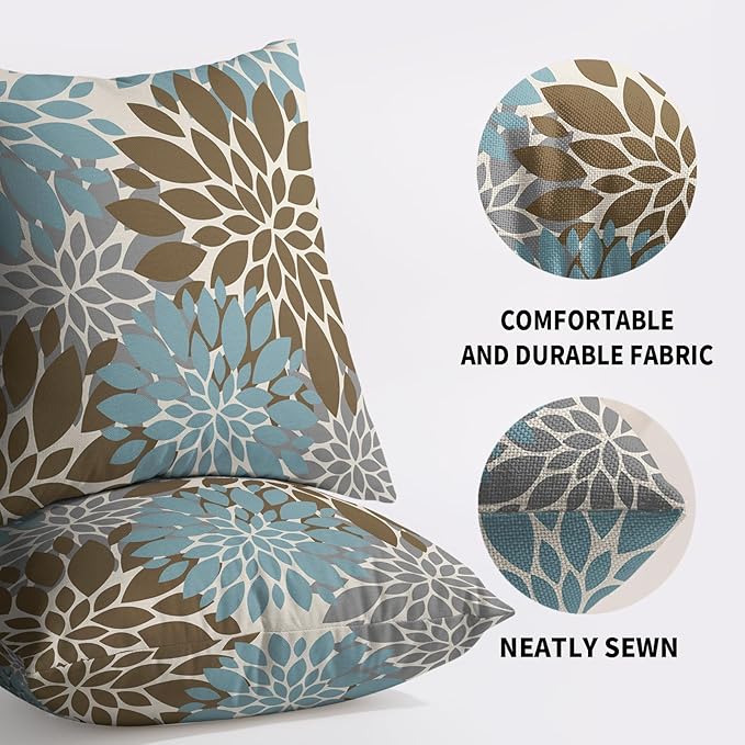 Brown Blue Grey Gray Pillow Covers 20X20 Inch Set of 2, Summer Modern Geometry Dahlia Floral Print Decorative Throw Pillow Covers Outdoor Farmhouse Cushion Case for Couch Sofa Bed Decor