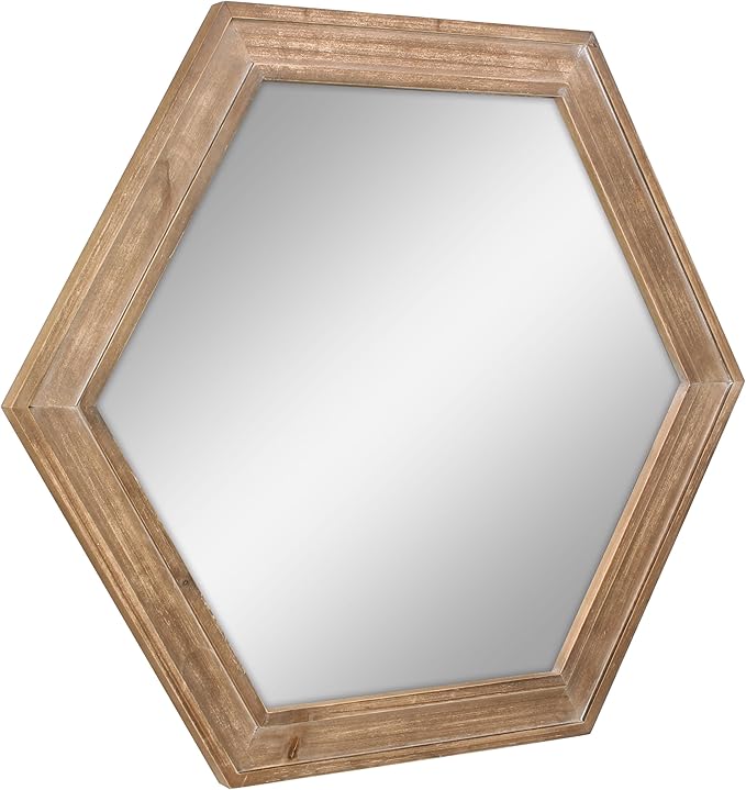 Stonebriar Decorative 24" Hexagon Hanging Wall Mirror with Natural Wood Frame and Attached Hanging Bracket, Rustic Farmhouse Decor for the Living Room, Bathroom, Bedroom, and Entryway Brown