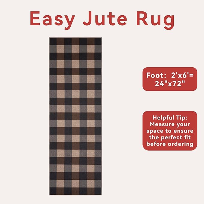 Tangsoo Checkered Easy Jute Runner Rug for Hallways,2x6 Washable Non-Slip Carpet Runner for Kitchen Bedroom Laundry Entryway Black Brown Indoor Outdoor Floor Mat