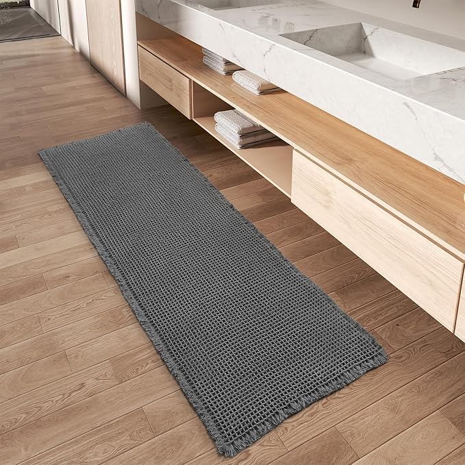 Upgraded Waffle Runner Rug, Super Absorbent Non Slip Bath Mats for Bathroom Floor, Washable Bathroom Runner Rug with Tassels, Ideal for Hallway Bedroom Laundry Room, Dark Grey, 2'x 6'(24" x 72")