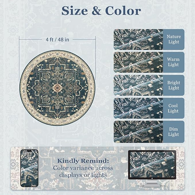 Round Rugs 4ft for Entryway, Low Pile Thin Washable Non Slip Small Circle Rug for Kitchen Dining Room, Tranditional Medallion Round Carpet for Bedroom Living Room, Deep Blue/Multi