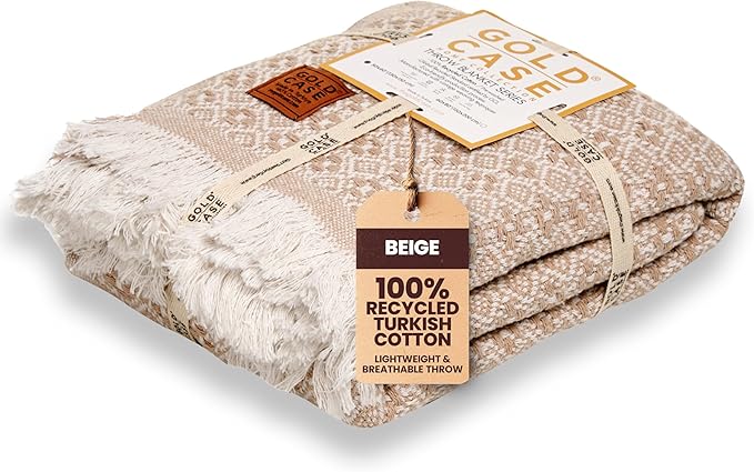 GOLD CASE Throw Blanket for Couch - 100% Recycled Turkish Cotton Blankets & Throws - Retro Soft Throw Blankets for Living Room - Boho Decorative Woven Couch Blanket - 50x60 - Beige