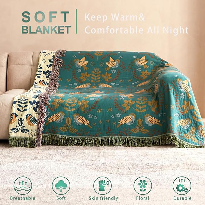 Boho Throw Blanket - 100% Cotton Soft Throw Blanket for Bed, 60"x80" Reversible Breathable Lightweight Spring Blankets, All Seasons Farmhouse Decor Floral Plant Throw Quilt