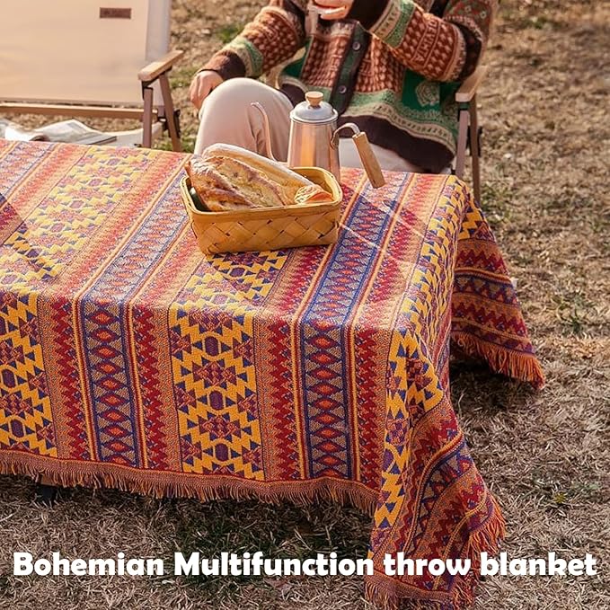 Boho Throw Blanket for Couch Chair, 100% Thick Cotton Southwest Aztec Single Seater Sofa Cover Throw - Reversible Hippie Decor Bohemian Blanket for Bed Tapestry Outdoor Camping. 51″×71″