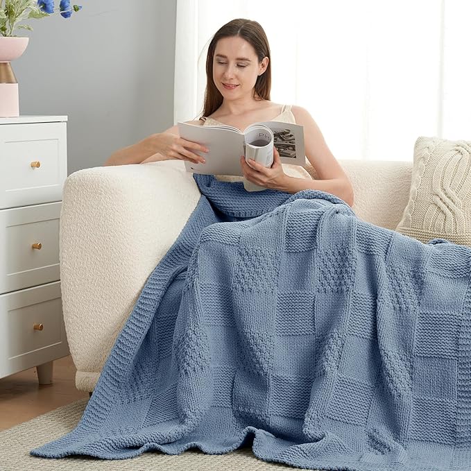 Amélie Home Checkered Chenille Knit Throw Blanket for Couch, Classic Texture Decorative Soft Blanket for Sofa, Chair & Bedroom, 50"x60", Washing Blue