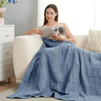 Amélie Home Checkered Chenille Knit Throw Blanket for Couch, Classic Texture Decorative Soft Blanket for Sofa, Chair & Bedroom, 50"x60", Washing Blue