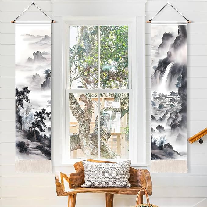 AOHMPT Pack of 2 Long Vertical Tapestry,Nature Landscape Tapestry with Serene Mountain River, Moon & Sun Motifs,Traditional Ink Painting Wall Art,Zen Aesthetic Wall Hanging for Living Room Bedroom Decor 13" W x 51" H"