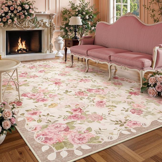 Lahome Vintage Floral 8x10 Area Rugs,Soft Living Room Rugs Boho Large Area Rug Machine Washable, Low Pile Pink Rugs for Bedroom Girls Carpet for Nursery Rug Playroom Dining Room Nina(8'X10',Beige)