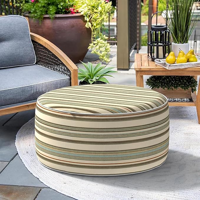 Indoor/Outdoor Inflatable Ottoman, All Weather Ottoman Pouf D31 x H14 inch, Round Foot Rest Ottomans Portable Footstool for Patio, Garden, Porch, Home,Stripe Onyx
