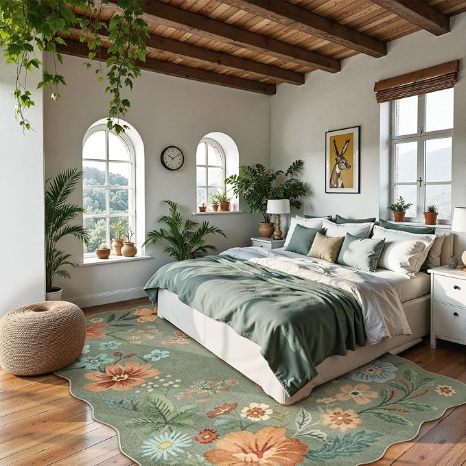 Lahome Floral Washable 6x9 Area Rugs, Soft Bedroom Rug for Living Room Ultra-Thin Non Slip Dining Room Rug, Stain Resistant Boho Green Rugs Throw Carpet for Office Flore (6'x9',Green)