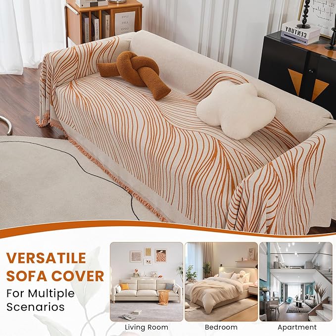 VClife Couch Cover Soft Chenille Sofa Cover Modern Minimalist Creamy Beige Couch Cover with Abstract Terracotta Line - Washable Non Slip Sofa Slipcover Reverse 2-Seaters Sofa Protector