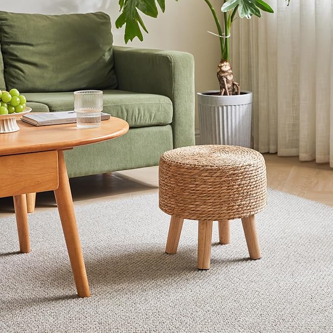 YMYNY Foot Stool Natural Seagrass Hand Weave, 12.6" Small Ottoman, Round Footrest for Living Room, Bedroom, Entryway, Change Shoes Stool, Non-Skid Wood Legs, Boho, Natural, UHBD027N