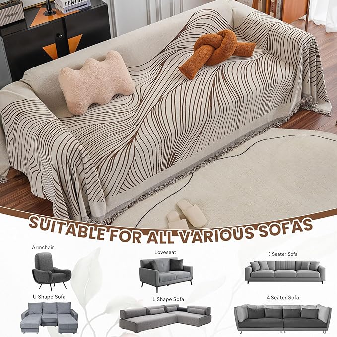 VClife Large Sofa Cover Chenille Couch Cover for 2 Cushion Couch Sofa, Modern Beige Chocolate Striped Couch Covers for Kids Washable Sectional Sofa Protector with Tassel 71"X118"