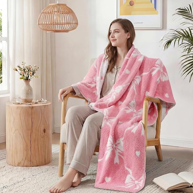 WRENSONGE Throw Blanket Diamond Bowknot Pink Soft Cozy Fluffy Warm Throw for Couch Sofa Bed Camping Picnic Travel Lightweight - 50"*60"