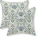 Blue Green Pillow Covers 18x18 Inch Set of 2 Boho Floral Decor Throw Pillows Vintage Block Print Flower Outdoor Linen Decorations Pillowcase Linen Cushion Cover for Couch
