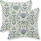 Blue Green Pillow Covers 18x18 Inch Set of 2 Boho Floral Decor Throw Pillows Vintage Block Print Flower Outdoor Linen Decorations Pillowcase Linen Cushion Cover for Couch