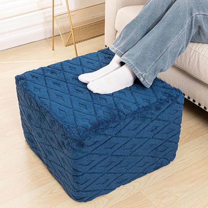 Fluffy Square Ottoman Pouf with All-in-One Foam Filling 20 x 14 Inches Furry Ottoman Foot Rest Foot Stool for Living Room or Bedroom (Navy)