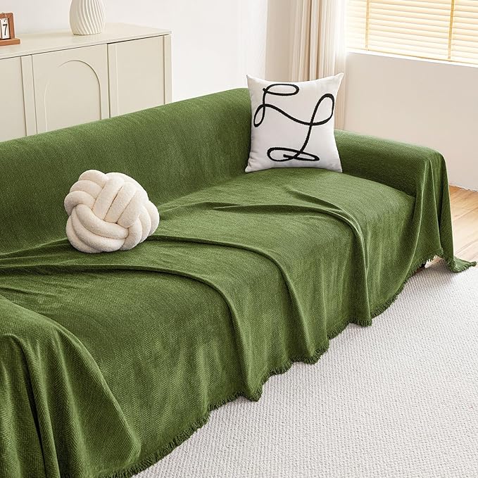 hyha Couch Cover for Dogs, Boho Sofa Covers for 3 Cushion Couch Washable, Chenille Sofa Slipcover for Pets, Soft Loveseat Sectional Couch Throw Blankets with Tassels (Green, 71x102 Inch)