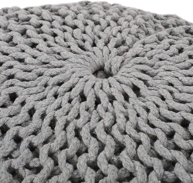 Handcrafted Knitted Cotton Round Pouf - 20x20, Modern Design, Soft and Comfortable, No Assembly, Home Decor, Knit Ottoman, Boho Floor Pouf for Living (Gray)