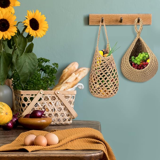 9 Pcs Jute Fruit Hanging Baskets for Kitchen, Boho Woven Wall Baskets, Produce Storage for Garlic Onion Potato Banana, Space Saving Farmhouse Kitchen Decor (Brown)(Brown)