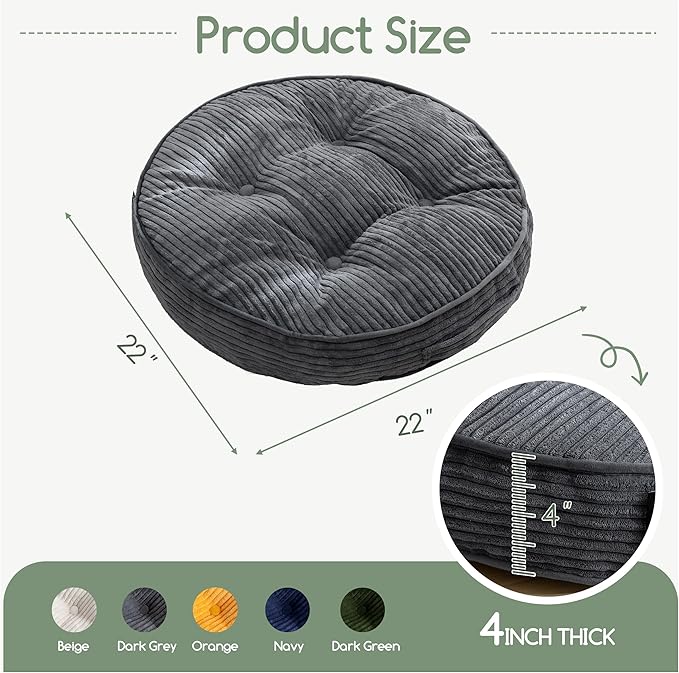 HIGOGOGO Floor Pillow Cushion for Adults, Meditation Cushion Pillow, Large Round Floor Sitting, Removable Tufted Corduroy Cover, for Tatami Living Room or Yoga, 22x22 Inch, Dark Grey