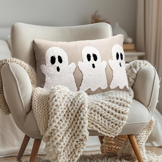 Mixweer Halloween Ghost Embroidery Decorative Pillow Covers 12 x 20 Inch, 3D Neutral Tufted Embroidery Spooky Ghost Cushion Pillow Case for Couch Home Living Room Bed Decor