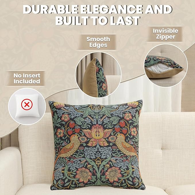 Charlotte Home Furnishings Throw Pillow Covers Decorative Boho Pillow Covers for Couch Living Room Blue Strawberry Square Cushion Cases 18x18 in European Cotton Jacquard Woven Cozy Bedroom Decor