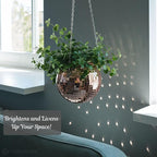 SCANDINORDICA Disco Ball Planter – Value Package: Mirror Disco Planter with Chain, Macrame Hanger and Acrylic Stand for Desk, Includes Self Watering Insert, Plant Gifts | 8 inch Rose Gold