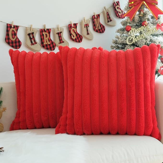 JOJUSIS Pack of 2 Faux Fur Plush Decorative Christmas Red Throw Pillow Covers Couch Cushion Case Soft Pillowcases (Red, 20 x 20-Inch)