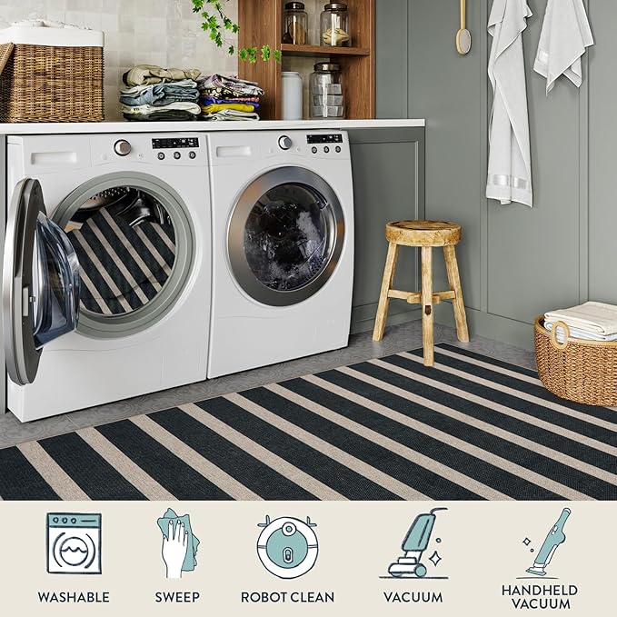 Lahome Elance Striped Easy Jute Runner Rug, 2x8 Kitchen Rug Non Slip Washable Outdoor Runner for Entryway Indoor, Farmhouse Black Indoor Outdoor Carpet for Hallway 8ft Entry