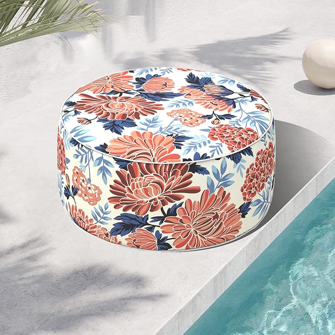 TWELAR Indoor/Outdoor Inflatable Ottoman, Water Repellent Round Foot Rest Ottomans D31 x H14 inch, Portable Footstool for Patio Garden Camping or Home, Red Chrysanthemum