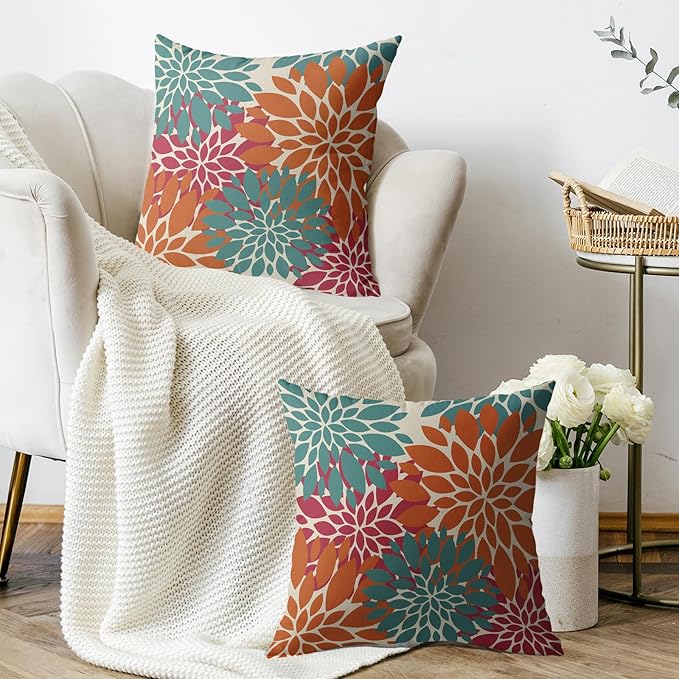 Blue Orange Burgundy Red Pillow Covers 20X20 Inch Set of 2, Spring Modern Geometry Dahlia Floral Decorative Throw Pillow Covers Outdoor Farmhouse Cushion Case for Couch Sofa Bed Decor