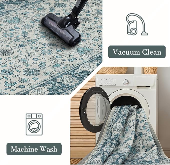 Area Rug 4×6, Vintage Boho Rug,Ultra-Soft Low Pile, Washable, Non Slip,Stain Resistant, Printed Carpet for Living Room Bedrooms Playroom Office Kitchen,Turquise/Cream