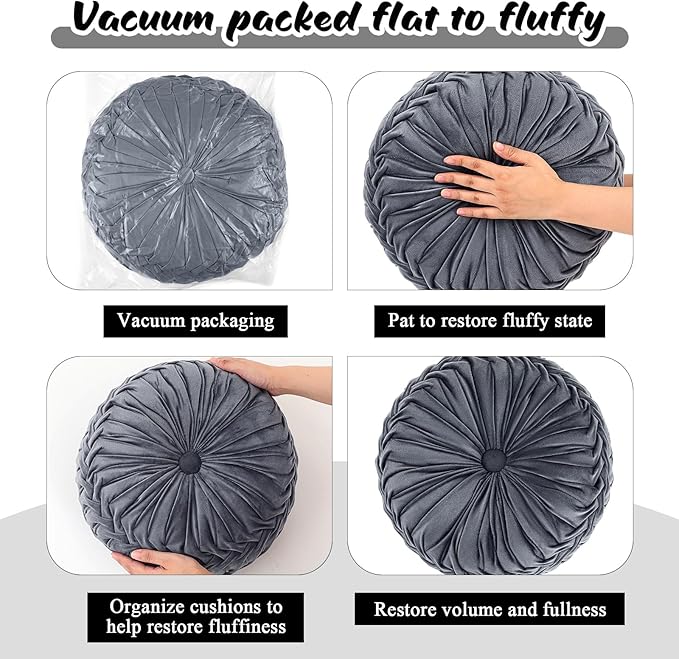 Round Throw Pillows Decorative Pleated Throw Pillows 15'' Diameter Accent Pumpkin Boho Chair Cushion for Couch Sofa Home Decoration(Black, White, Gray,3 Pcs)