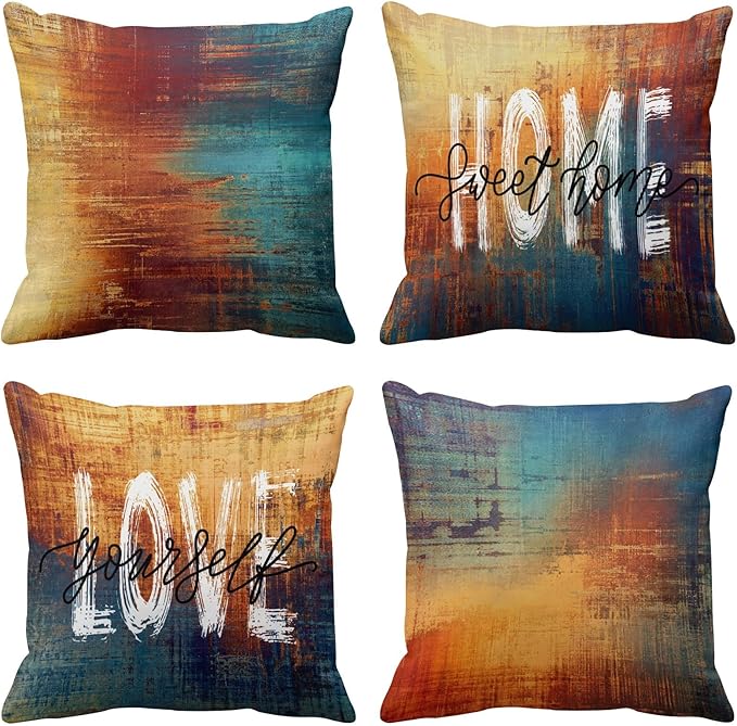Emvency Set of 4 Blue and Orange Throw Pillow Covers Vintage Messy Rust Home Sweet Home Love Yourself Abstract Painting Outdoor Pillow Cases Decor Standard Square 20x20 Inches Pillowcases