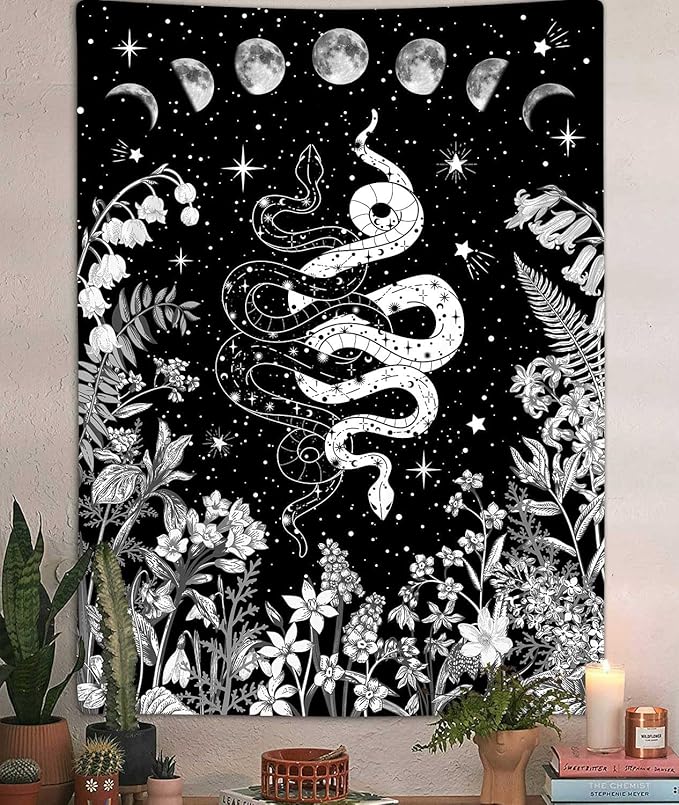 Witchy Snake Vertical Tapestry, Trippy Black and White Floral Moon Phase Cool Tarot Tapestry Wall Hanging for Bedroom Aesthetic, Nature Tapestries Poster Blanket College Dorm Decor (30X40)