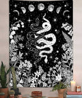 Witchy Snake Vertical Tapestry, Trippy Black and White Floral Moon Phase Cool Tarot Tapestry Wall Hanging for Bedroom Aesthetic, Nature Tapestries Poster Blanket College Dorm Decor (30X40)
