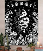 Witchy Snake Vertical Tapestry, Trippy Black and White Floral Moon Phase Cool Tarot Tapestry Wall Hanging for Bedroom Aesthetic, Nature Tapestries Poster Blanket College Dorm Decor (30X40)
