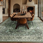 Area Rugs 10'x12' Washable Non-Slip, Floral Vintage Distress Print Pattern Medallion Carpet for Living Room Bedroom Dining Room, Dark Green Gray