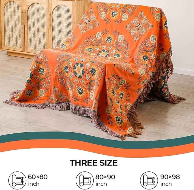 Throw Blankets Queen Size for Bed Couch,100% Cotton Soft Lightweight Blanket Rustic Quilt -Orange Floral Printed Farmhouse Decor Bed All Season Blankets,80"×90"