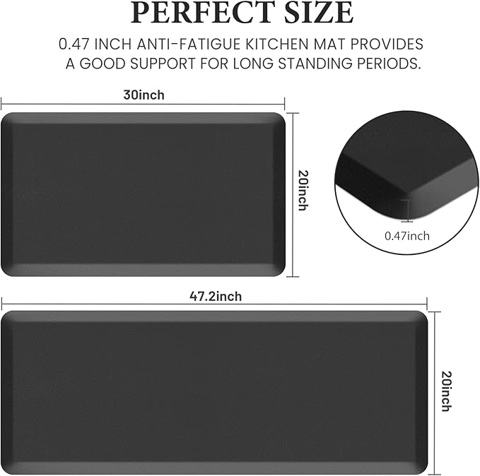 HappyTrends 2 PCS Kitchen Mat Cushioned Anti-Fatigue Floor Mat, Heavy Duty Ergonomic Comfort Foam Standing Mat,20"x30"+20"x47",Black