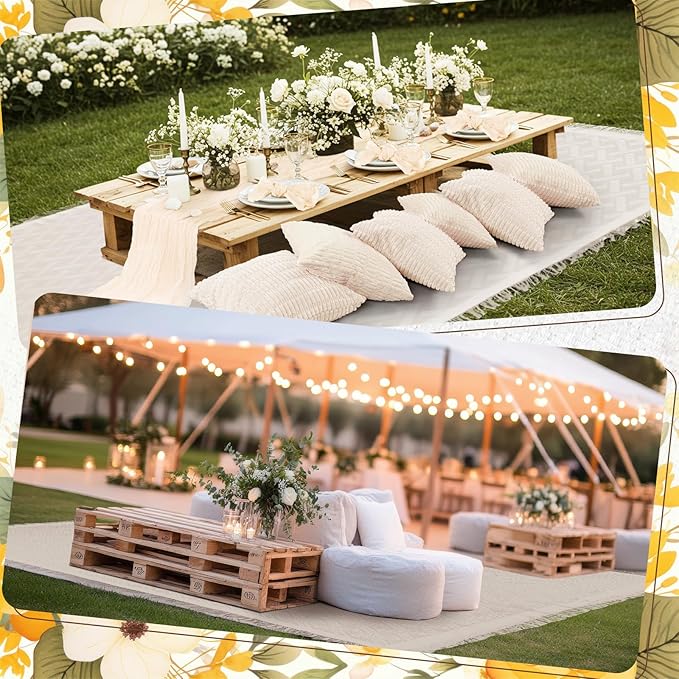 91 x 71 Extra Large Outdoor Boho Picnic Blanket with White Table Runner, 6 Throw Pillow Covers 6 Napkins Woven Cotton Yarn Oversize Beach Blanket Washable Picnic Camp Wedding