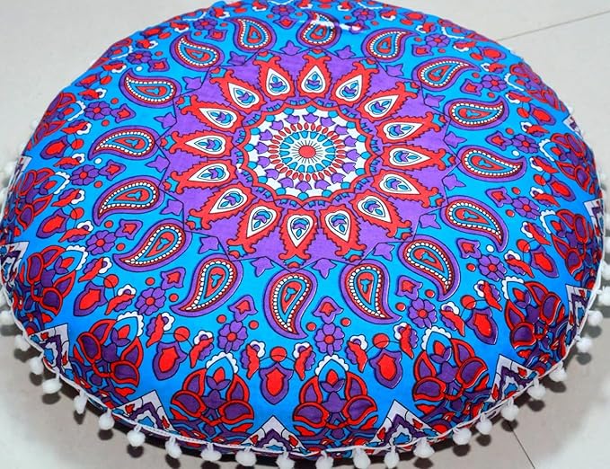 CRAFT KALA 22" Round Boho Floral Floor Pillow Cover, Purple, 22" Diameter, Cotton Fabric, Soft, Indoor Use, Washable
