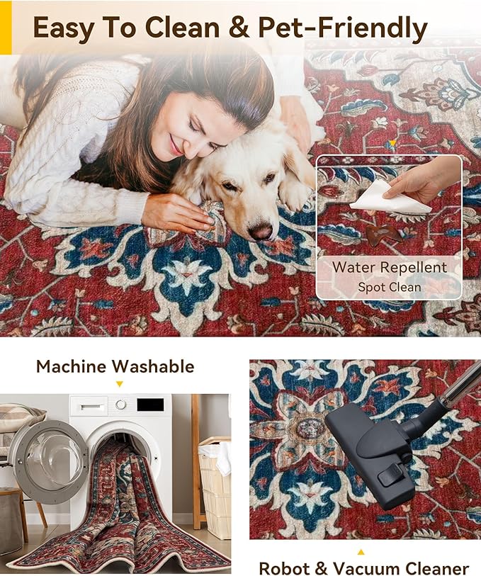 Area Rugs 3'x5' Washable Non-Slip, Floral Vintage Distress Print Pattern Medallion Carpet for Living Room Bedroom Dining Room, Red Blue
