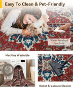 Area Rugs Round 8ft Washable Non-Slip, Floral Vintage Distress Print Pattern Medallion Carpet for Living Room Bedroom Dining Room, Red Blue