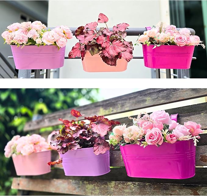 LaLaGreen Outdoor Hanging Planter (11.2 Inch, 6 Pack) Light Pink, Light Purple, Turquoise, Neon Pink, Yellow, Orange Metal Iron Window Box Flower Pot Deck Railings Fence Buckets Porch Garden Decor