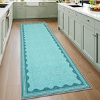 Scalloped Teal 2.5x8 Runner Rug for Hallway Washable Kitchen Rugs Non Slip Solid Modern Soft Low-Pile Indoor Carpet for Entryway Laundry Room Floor Mats TPE Backing